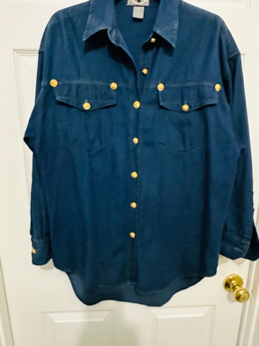 Unisex The Limited Dark Blue Button-Front Shirt with Gold Buttons